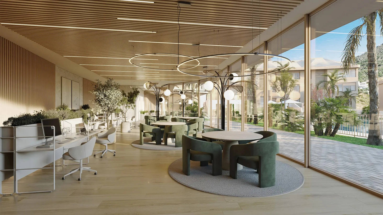 Co-working lounge, hvor beboere kan arbejde, mødes eller slappe af i komfort.