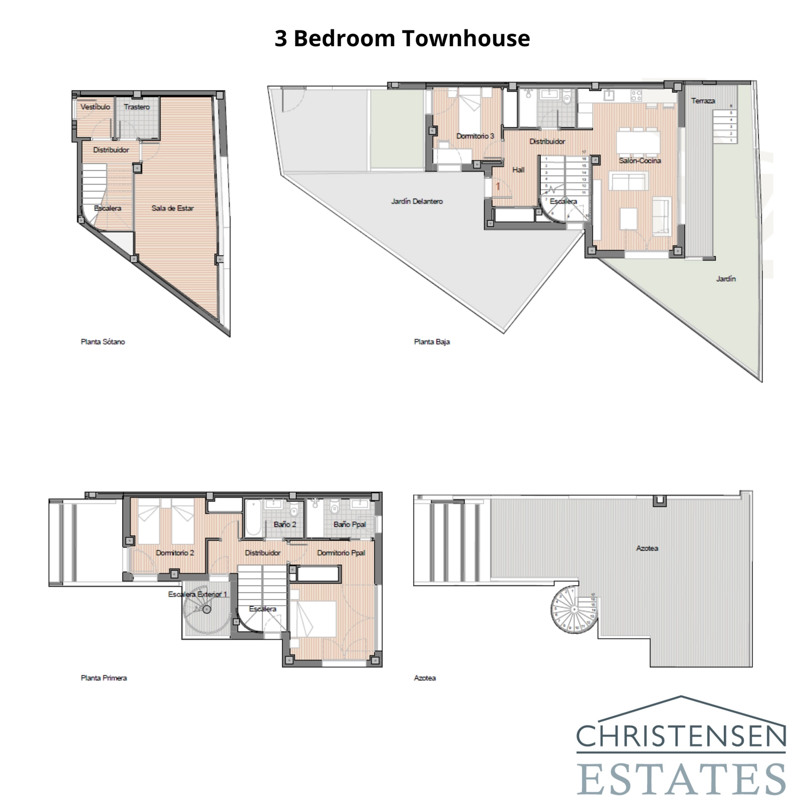 Denne plantegning viser indretningen for et rummeligt rækkehus med 3 soveværelser, med detaljer om rumfordelingen i kælderen, stueetagen, første sal og tagterrasse/solarium.