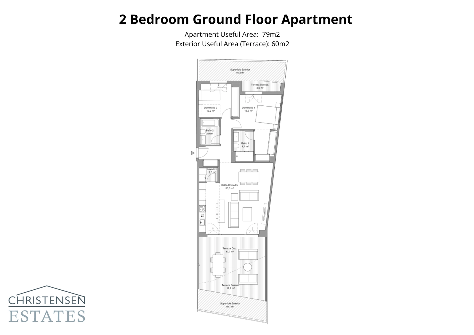 Denne stueetagebolig med to soveværelser har en smart indretning med to separate terrasser, der udvider opholdsrummet udendørs.