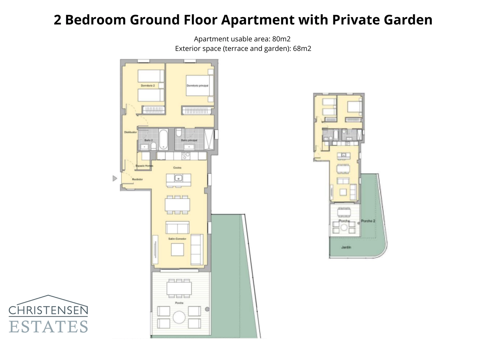Denne toværelses stueetageindretning inkluderer en rummelig terrasse og en privat have, perfekt til familier og udendørs underholdning.