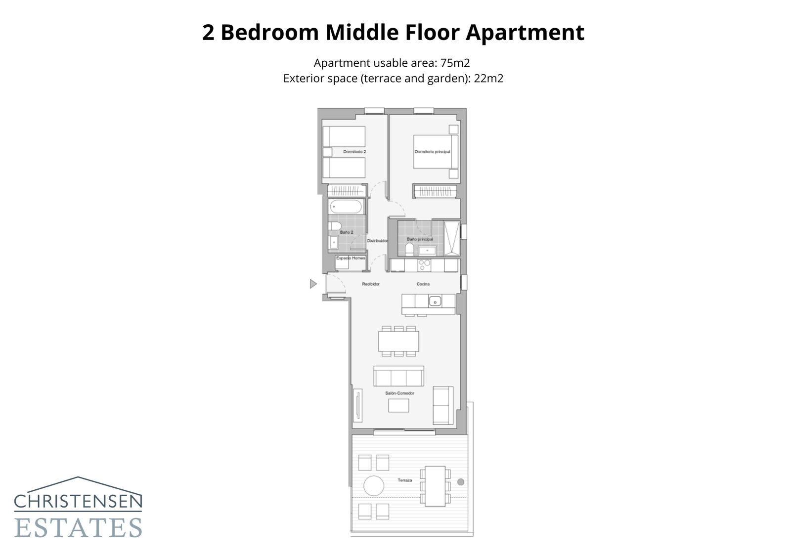 En velindrettet toværelses lejlighed med komfortabelt opholdsrum, to badeværelser og en stor terrasse til afslapning.