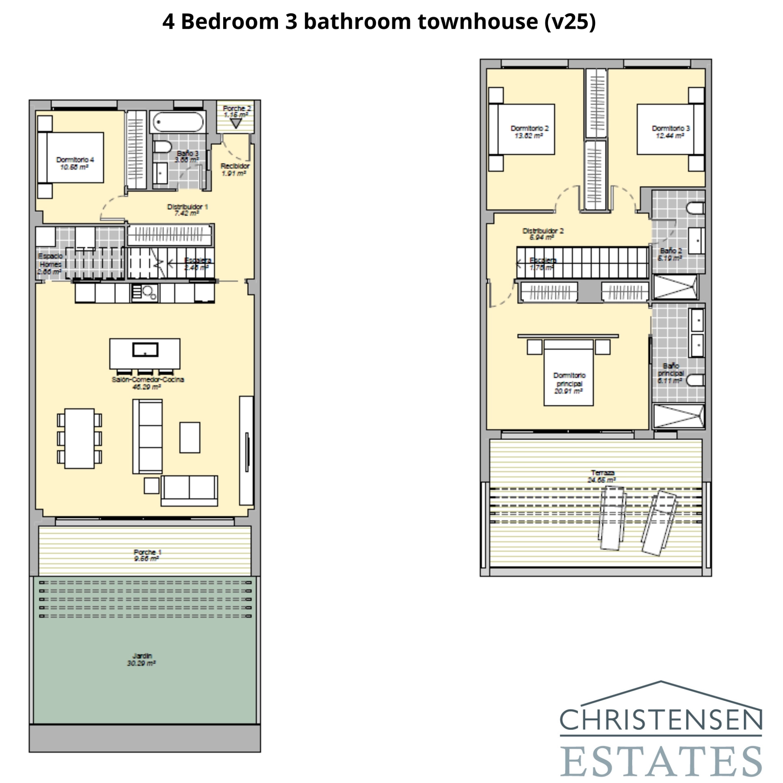 Planen for rækkehuset med fire soveværelser tilbyder rigelig plads til familier, med veldefinerede opholds- og soveområder fordelt på to etager.