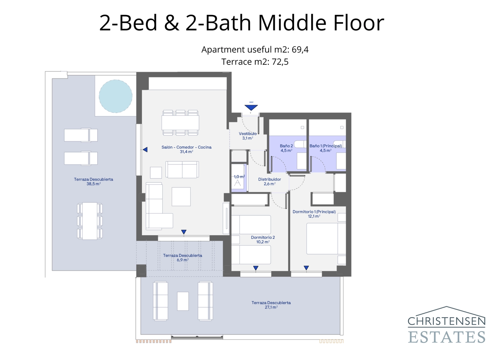 En veludviklet planløsning med to soveværelser på mellemetagen, med en stor terrasse for at maksimere udendørslivet.