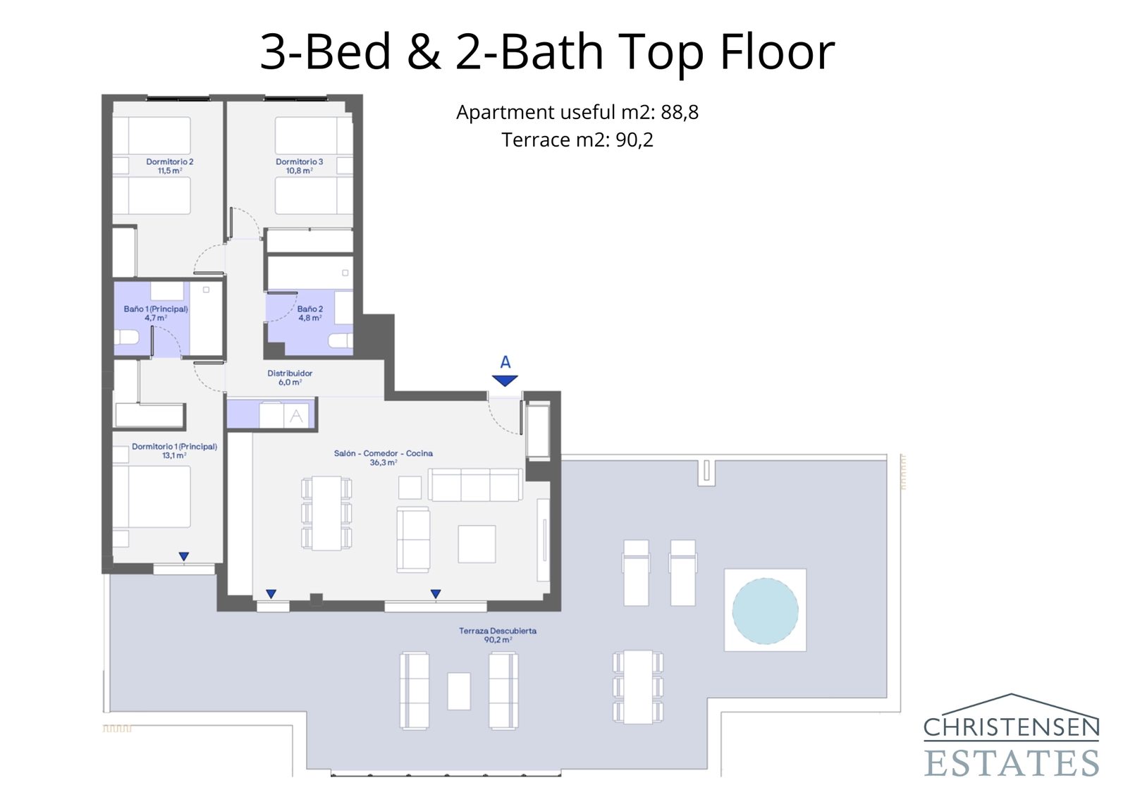 Denne planløsning på øverste etage med tre soveværelser fremviser et imponerende åbent opholdsrum og en stor, omkransende terrasse.