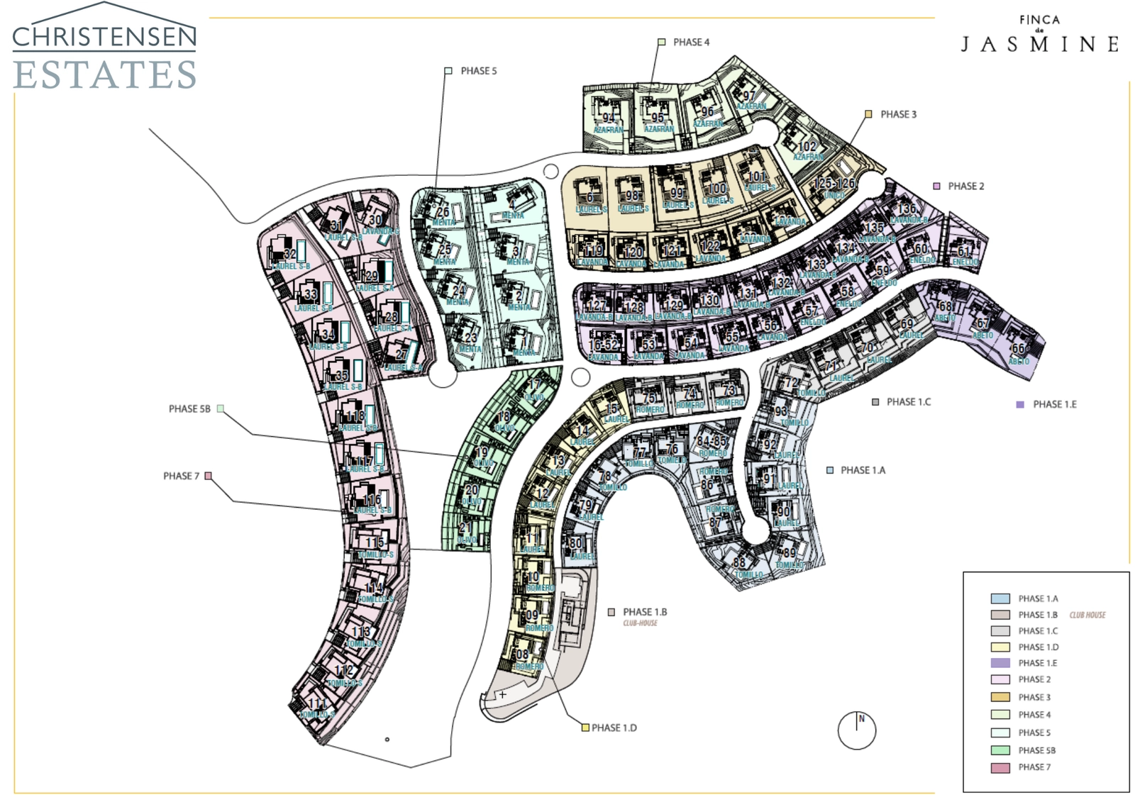 En masterplan over Finca de Jasmine-bebyggelsen, der viser den gennemtænkte indretning af villaerne og de grønne områder.