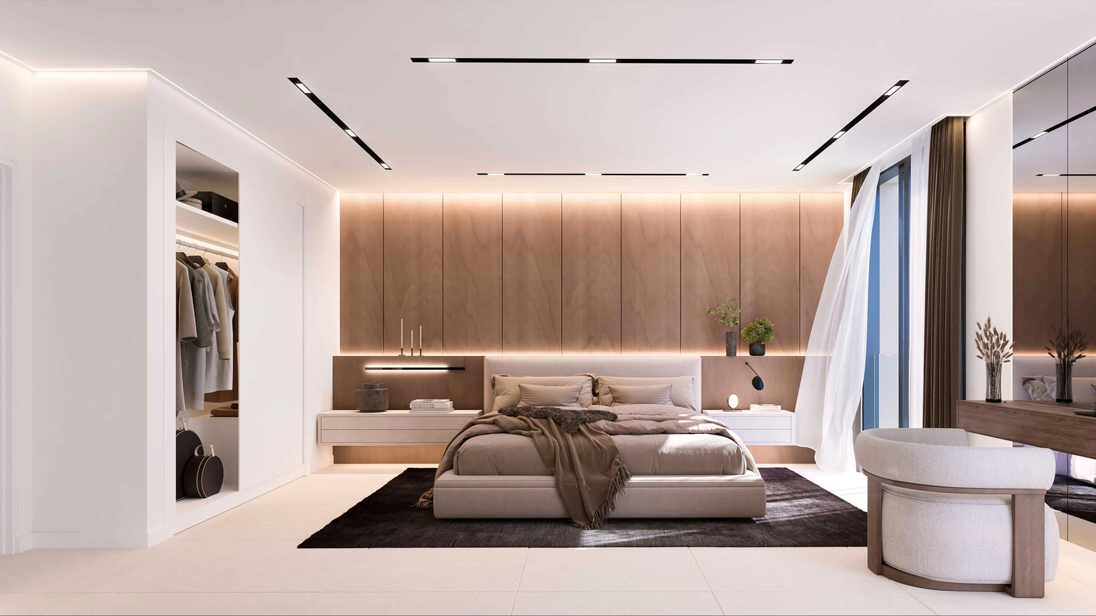 Master-soveværelserne er fredfyldte helligdomme, designet med sofistikeret stil og førsteklasses materialer.