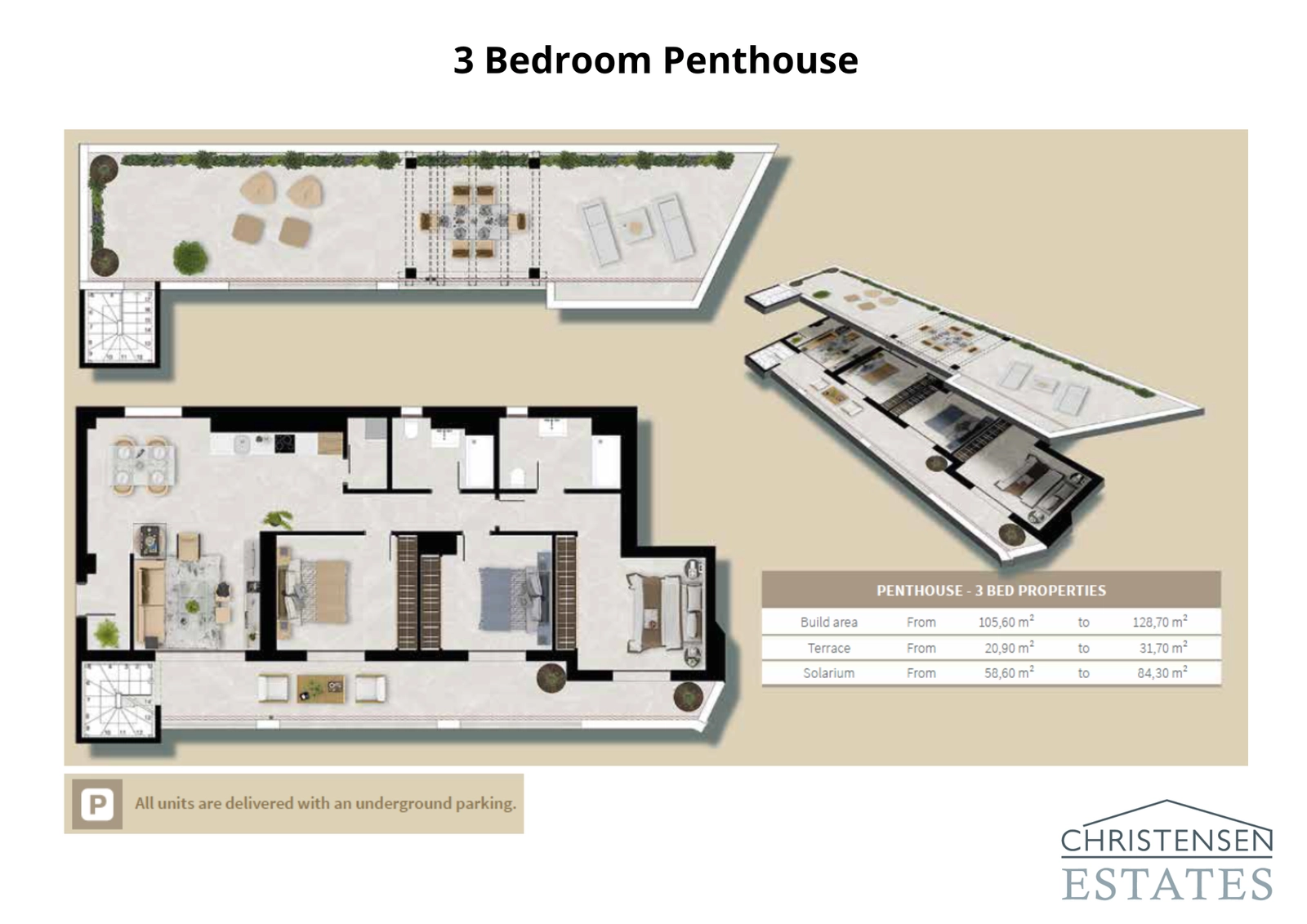 Den eksklusive tre-værelses penthouse-indretning inkluderer et omfattende tagterrasse-solarium, perfekt til privat afslapning og underholdning.