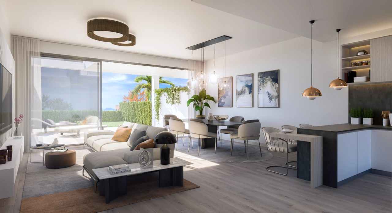 Det lyse og rummelige opholdsområde forbinder problemfrit med den private have og skaber en perfekt indendørs-udendørs livsstil.