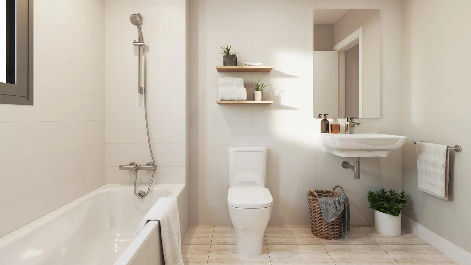 Et lyst og rummeligt badeværelse med et badekar og moderne finish af høj kvalitet.