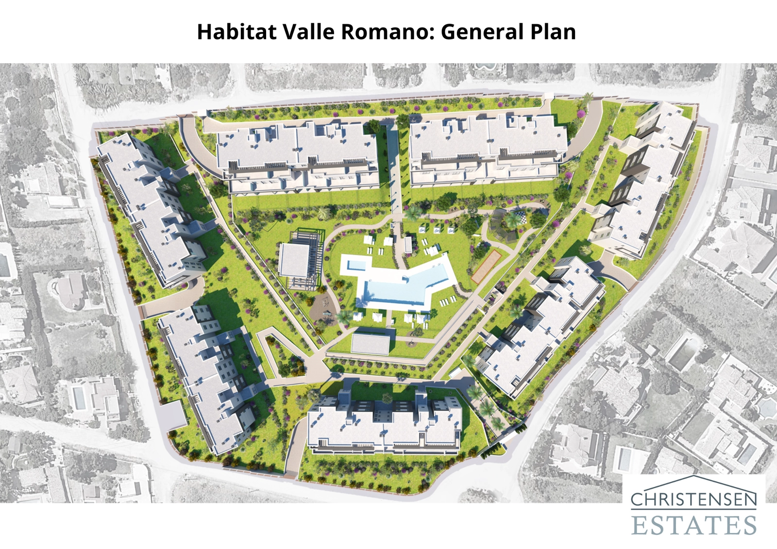 En oversigt over bebyggelsen, der viser den gennemtænkte planlægning af bygninger, swimmingpools og store grønne områder designet til fællesskab.
