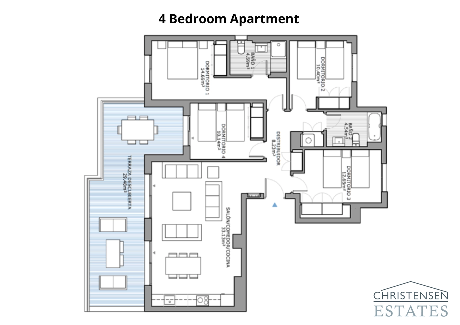 Den fire-værelses plantegning giver enestående plads til familieliv, der kombinerer åbne områder med private oaser og en stor terrasse.