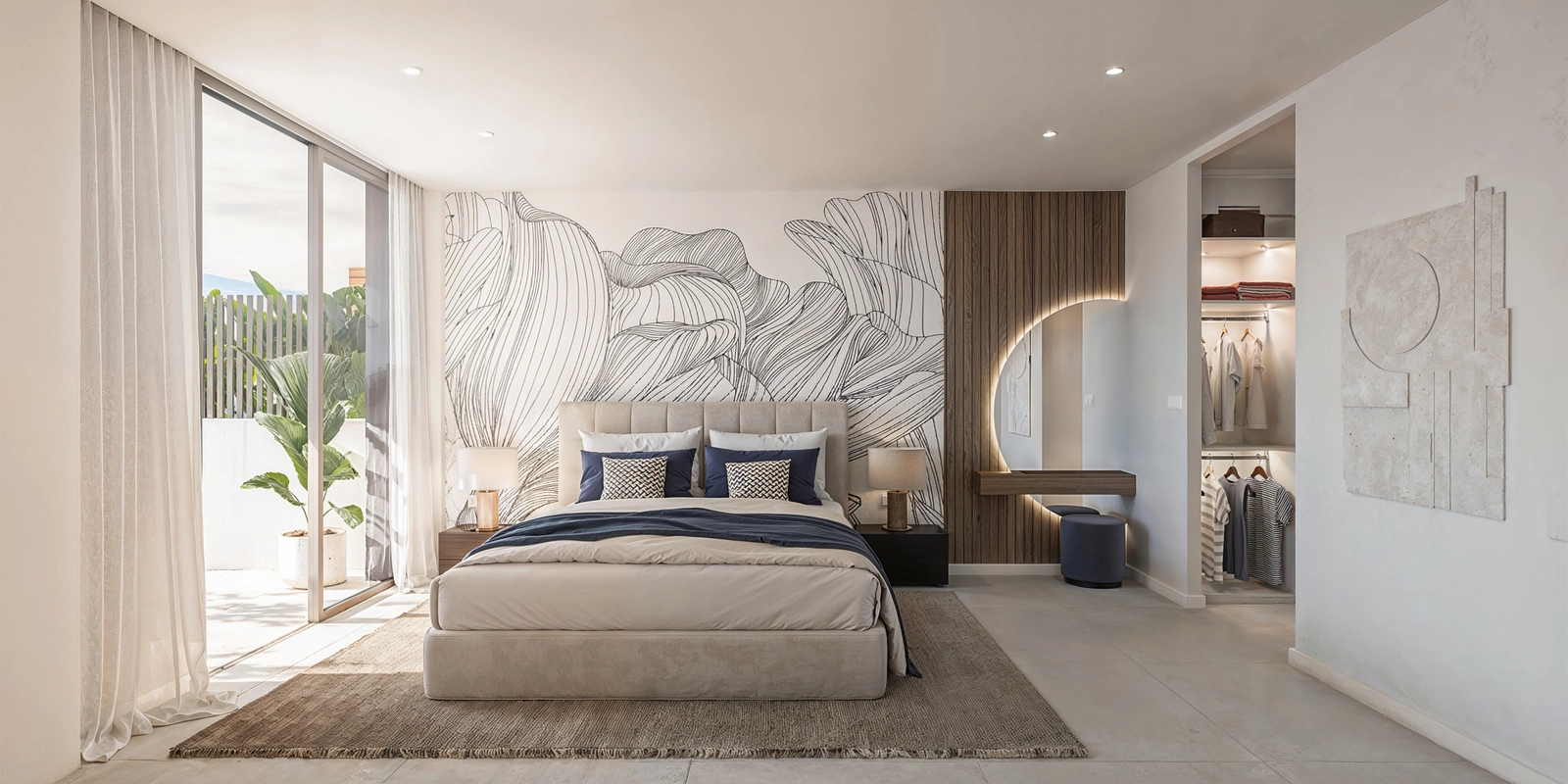 Det elegante master soveværelse tilbyder et privat tilflugtssted med direkte adgang til udendørsarealer og en walk-in-garderobe.