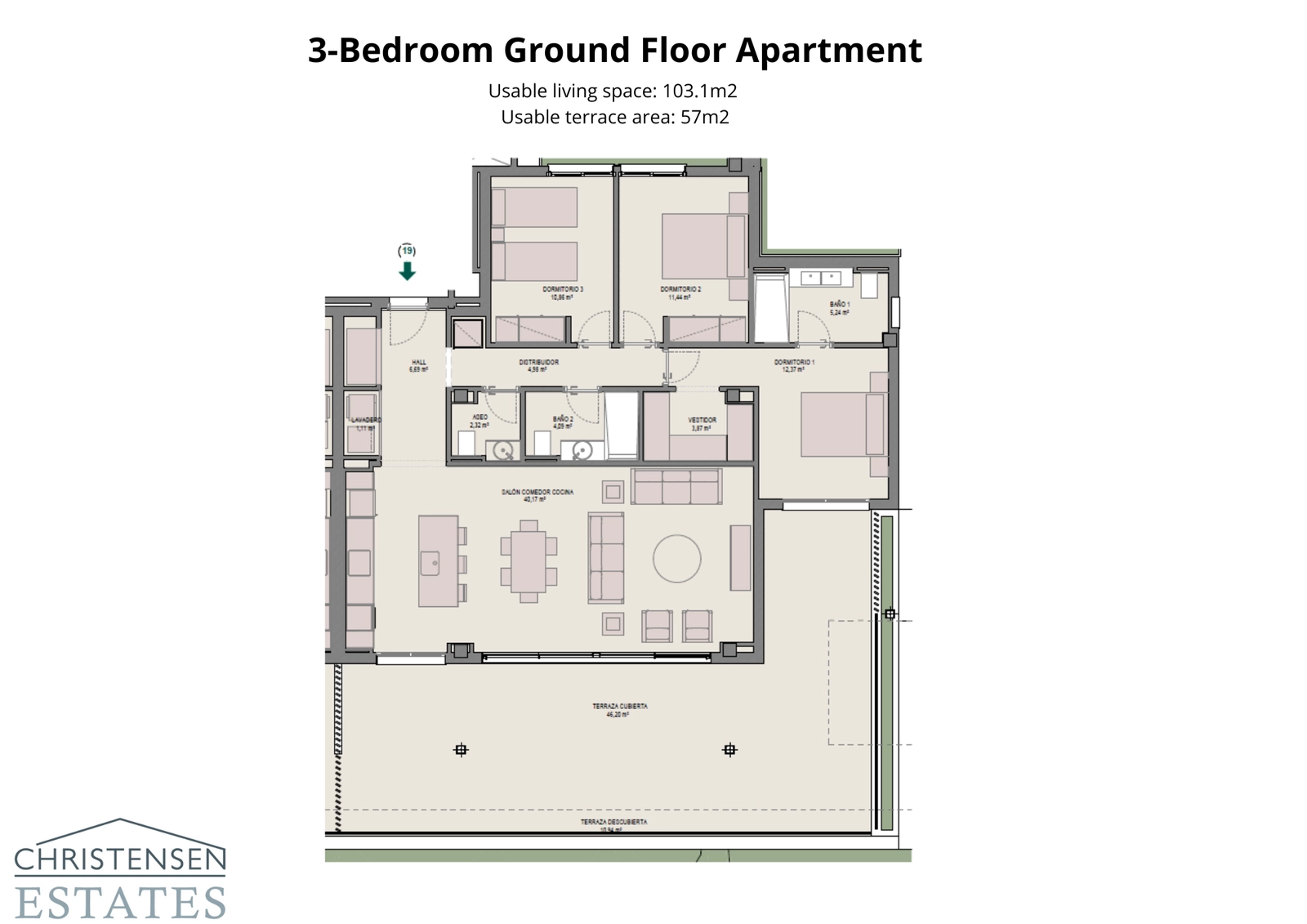 Plantegning af en stuelejlighed med tre soveværelser, der fremhæver de rummelige interiører og direkte adgang til et privat haveområde.