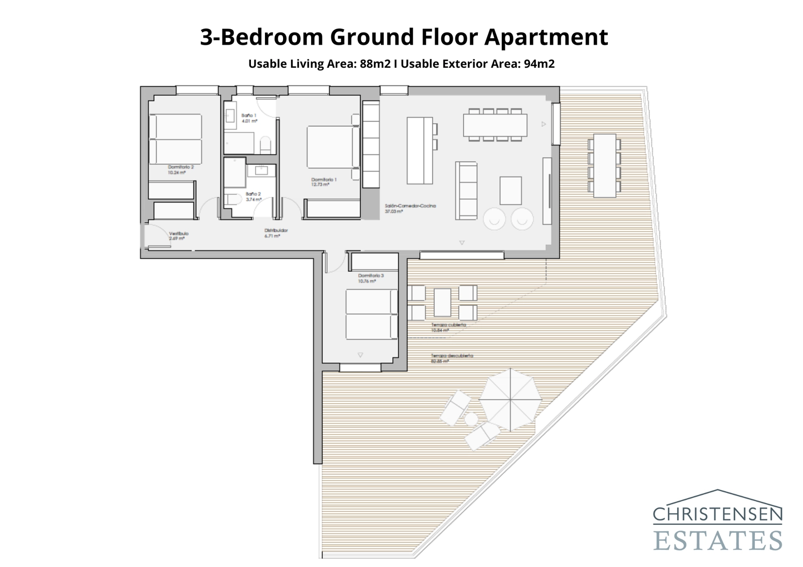 Denne stueetagelejlighed med tre soveværelser forbinder rummelige interiører med en generøs terrasse og privat have, perfekt til udendørsliv.