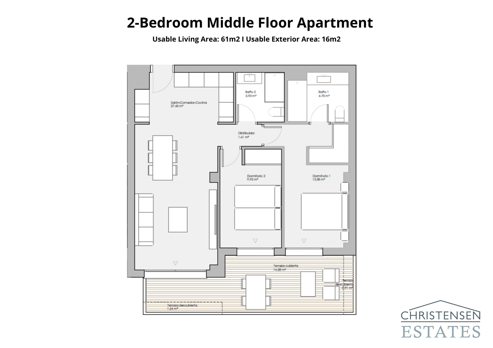 Et intelligent design med to soveværelser og et åbent opholdsområde, der strækker sig ud til en privat terrasse, ideelt til at nyde udsigten.