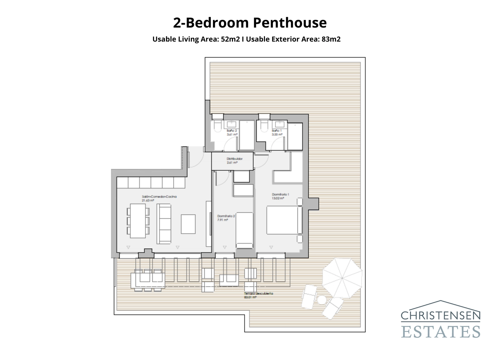 Den eksklusive penthouselejlighed med to soveværelser kan prale af en stor, omkransende terrasse, der giver enestående plads til underholdning og afslapning.