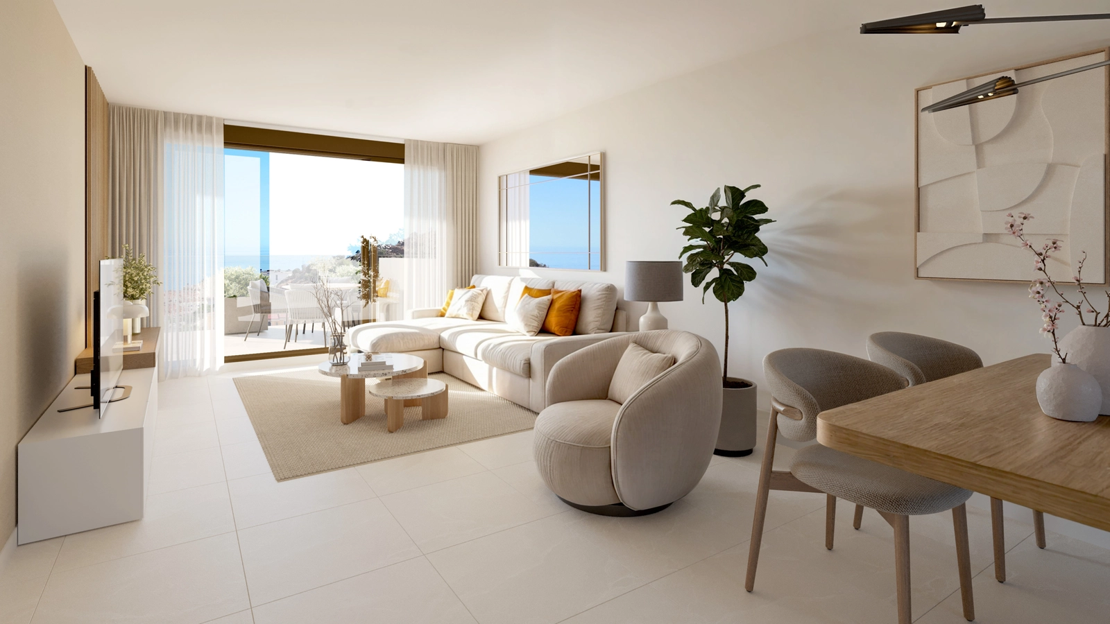 Den lyse og rummelige stue forbinder sig problemfrit med udendørsterrassen og skaber en perfekt overgang mellem inde og ude.