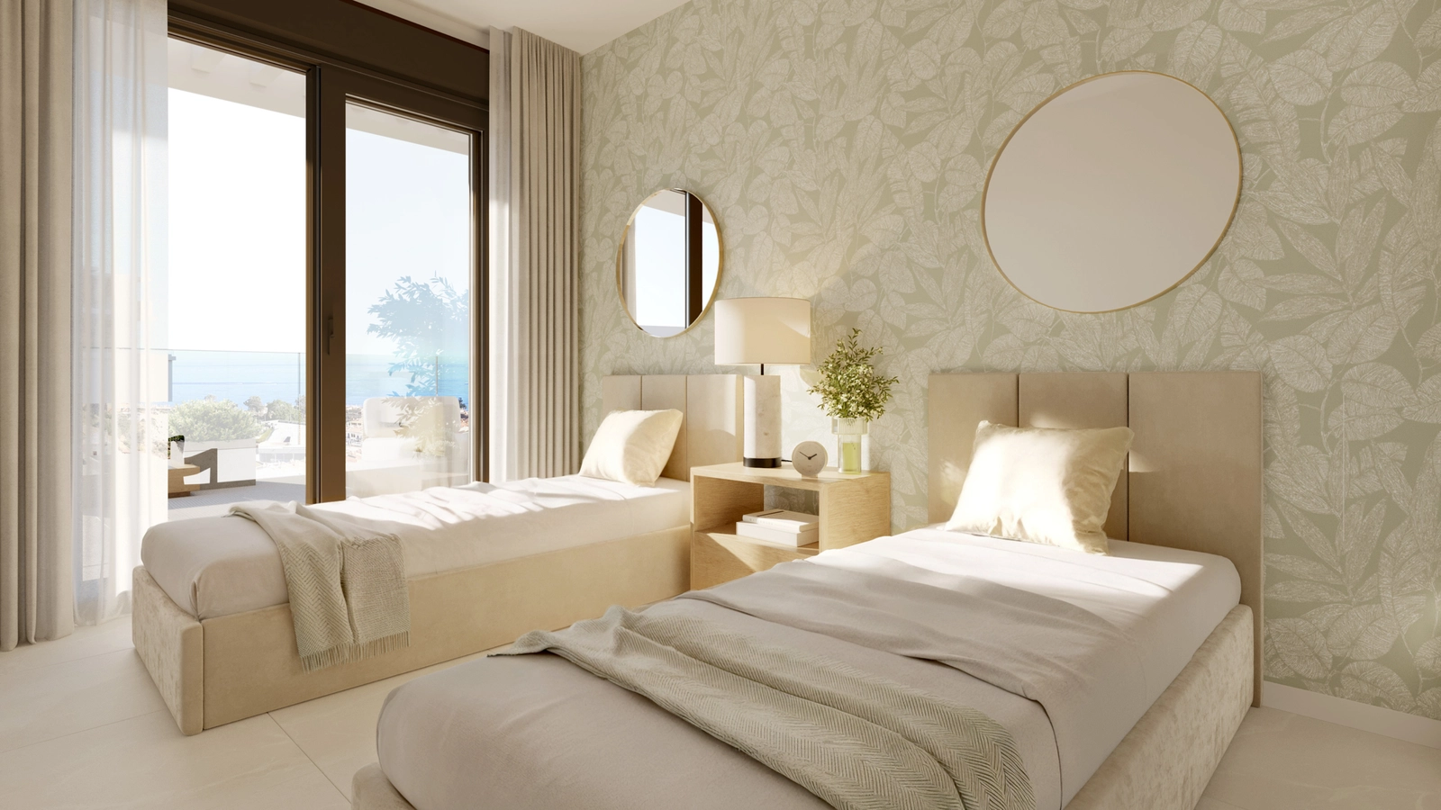 Et smukt indrettet sekundært soveværelse med rigeligt naturligt lys og direkte adgang til udendørsarealerne.