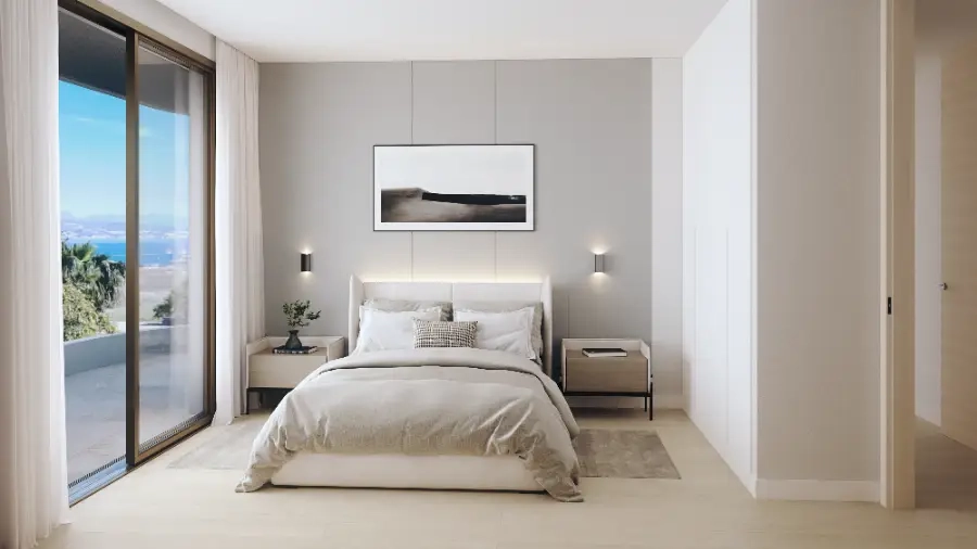 Et andet velindrettet soveværelse, der tilbyder komfort, stil og smuk udsigt.