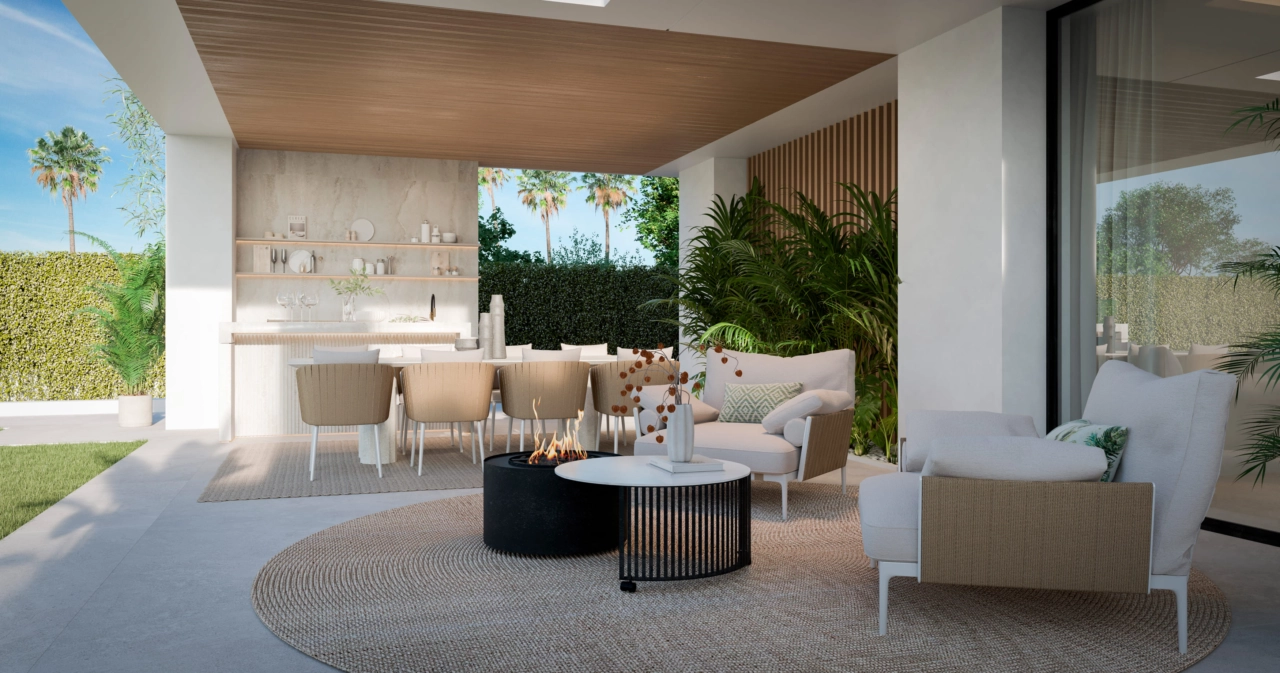 Nyd Costa del Sol-livsstilen med en sofistikeret overdækket terrasse, perfekt til udendørs spisning og afslapning.