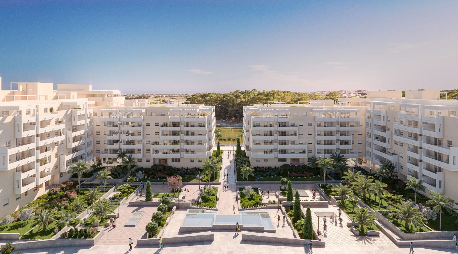 Et luftfoto viser bebyggelsens smukke layout, beliggende midt i frodigt grønt på Costa del Sol.