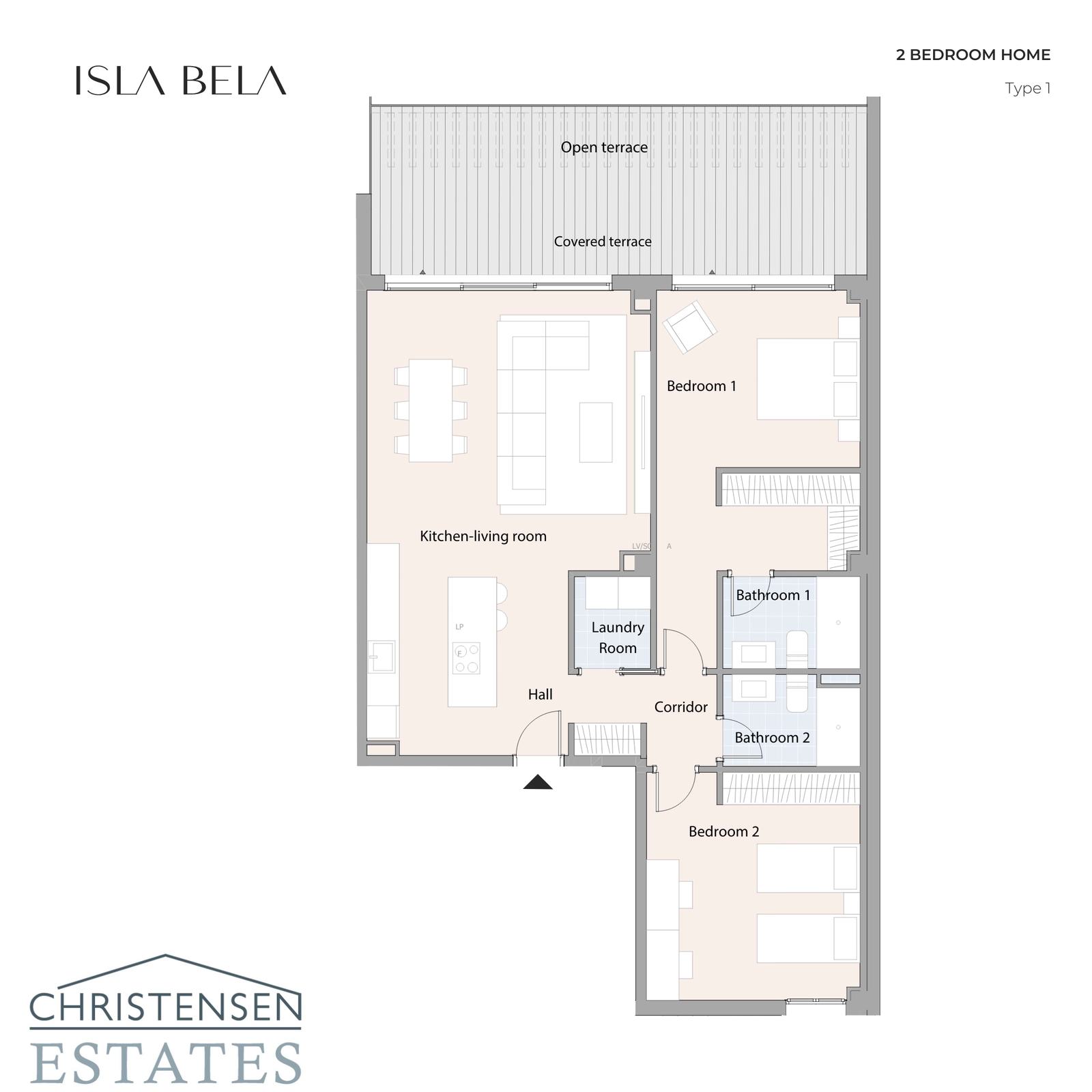 Plantegning for to-værelses lejlighed, med et smart design der forbinder opholdsrummet med en stor overdækket og åben terrasse.