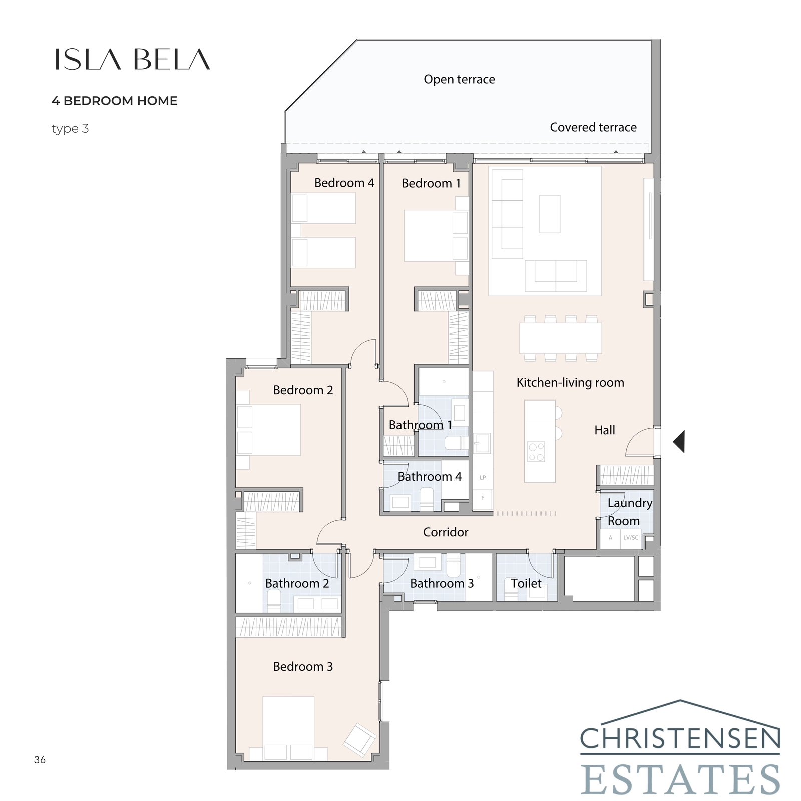 Plantegning for fire-værelses bolig, der giver rigelig plads og flere badeværelser for ultimativ familieluksus og komfort.