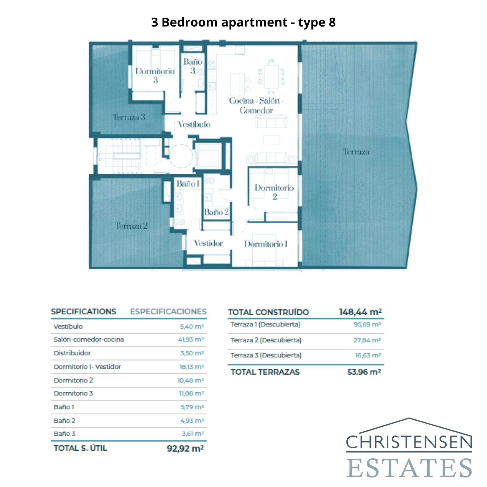 Plantegning for en bemærkelsesværdig 3-værelses penthouselejlighed, komplet med flere terrasser til at nyde sol og skygge hele dagen.