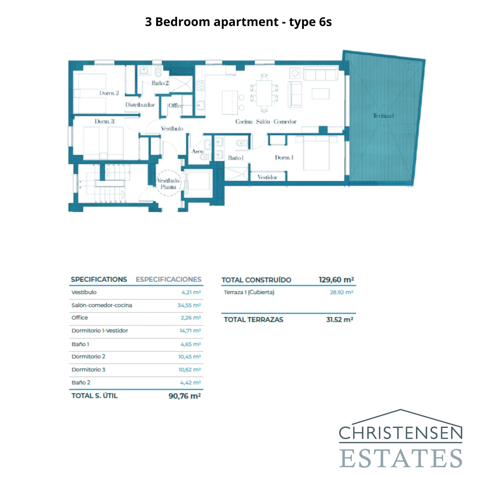 Plantegning for en rummelig 3-værelses lejlighed med integreret opholdsstue og en generøs privat terrasse.