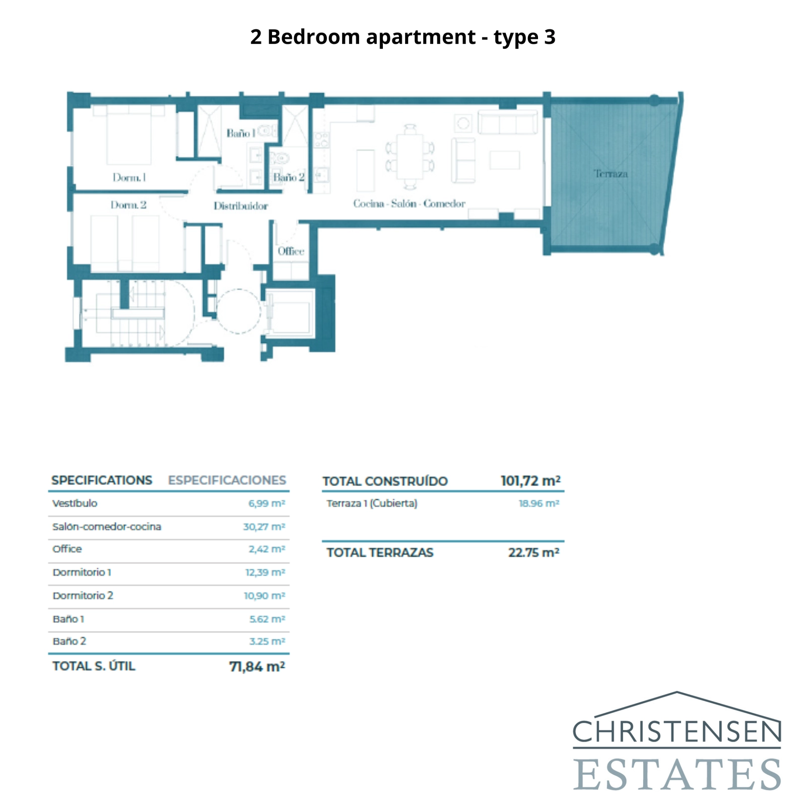 Plantegning af en 2-værelses bolig, der viser en smart indretning, der maksimerer plads og naturligt lys.