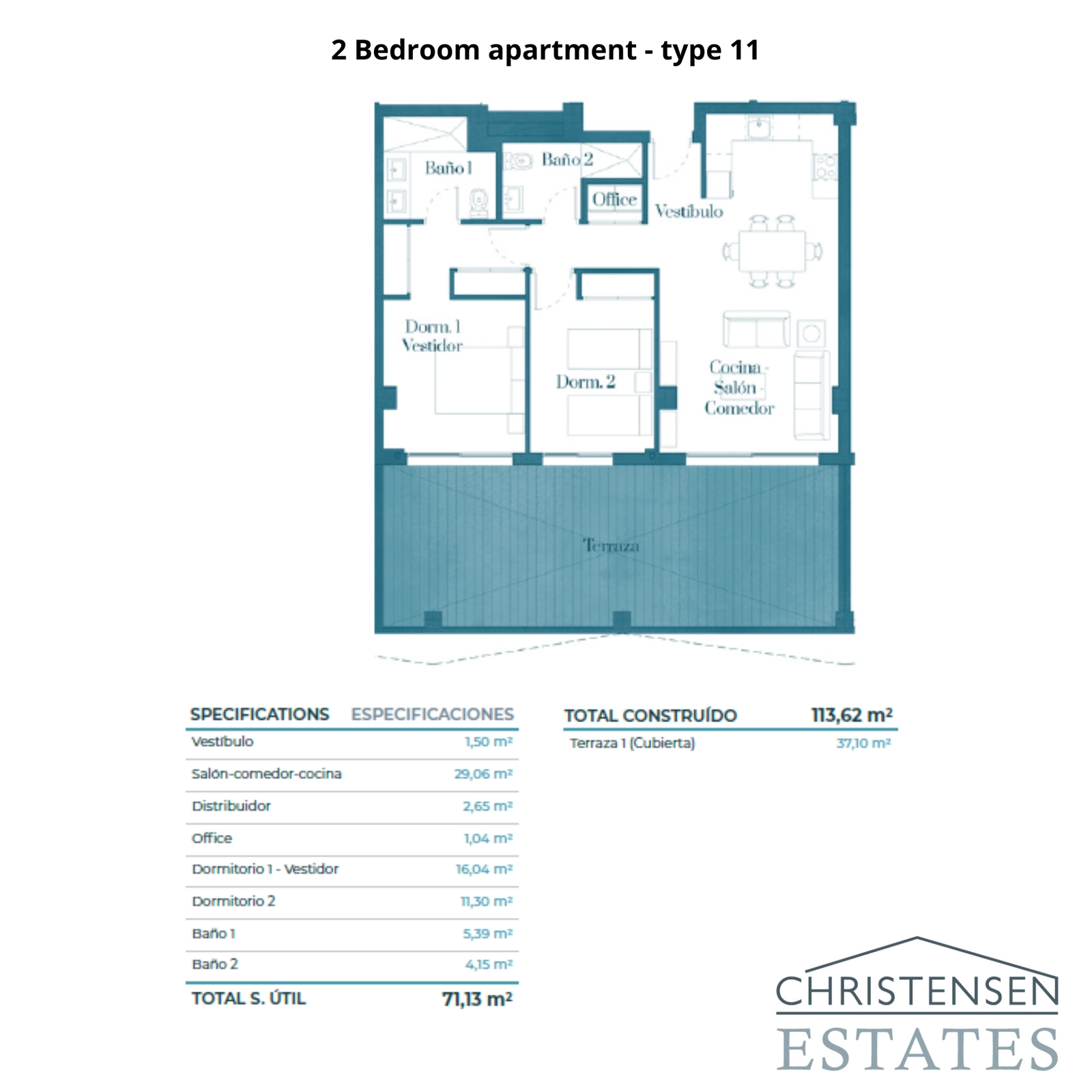 Denne 2-værelses lejlighedsindretning tilbyder et praktisk design med en stor terrasse, perfekt til at nyde udsigten.