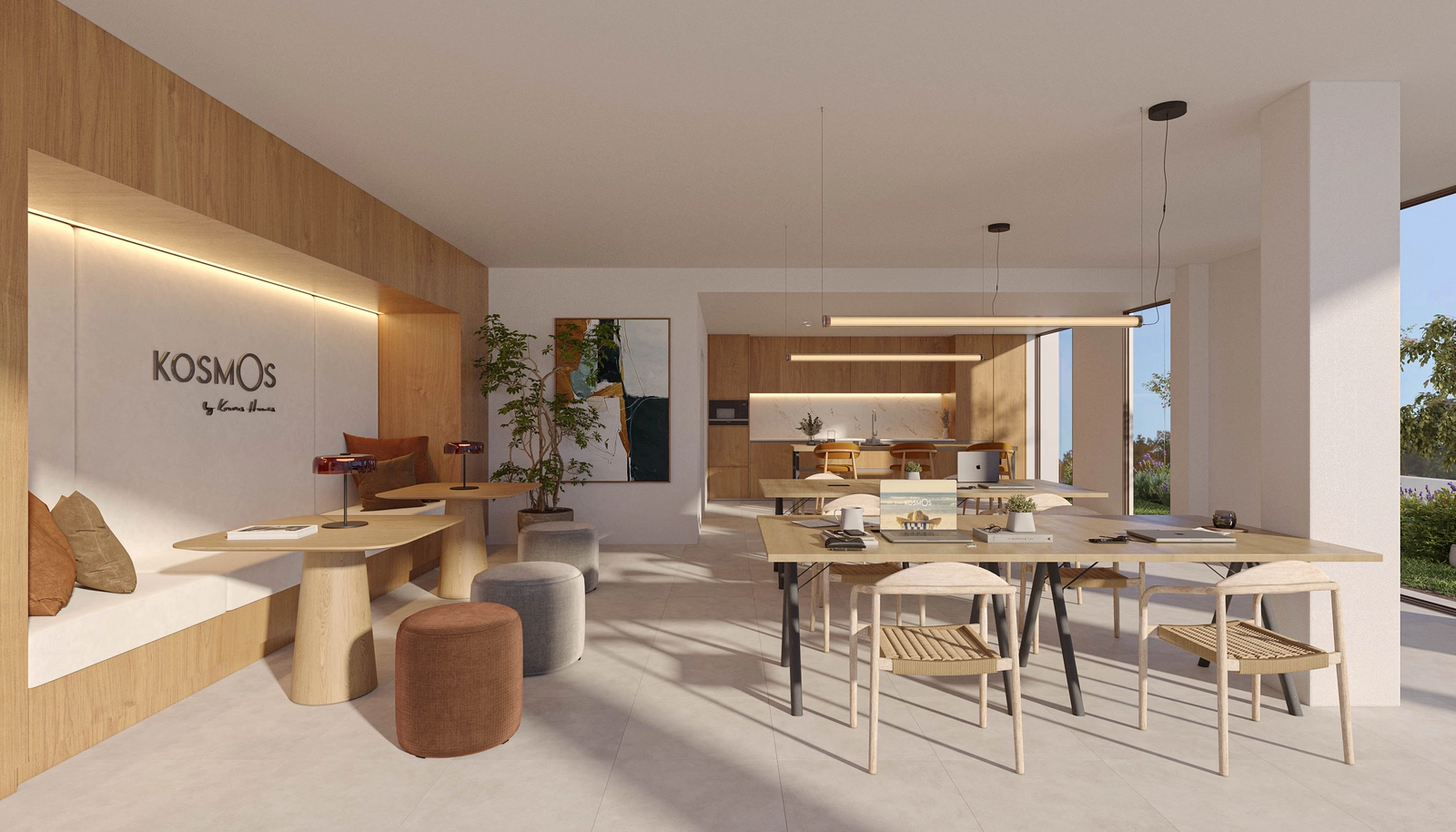 Et komfortabelt og stilfuldt co-working område til arbejde eller møder.