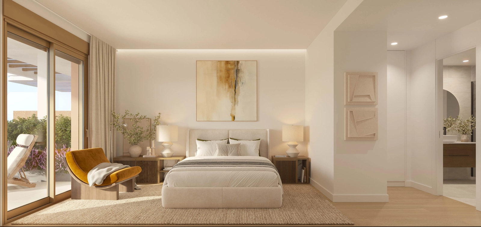 Det store soveværelse er et fredfyldt tilflugtssted med direkte adgang til en privat terrasse.