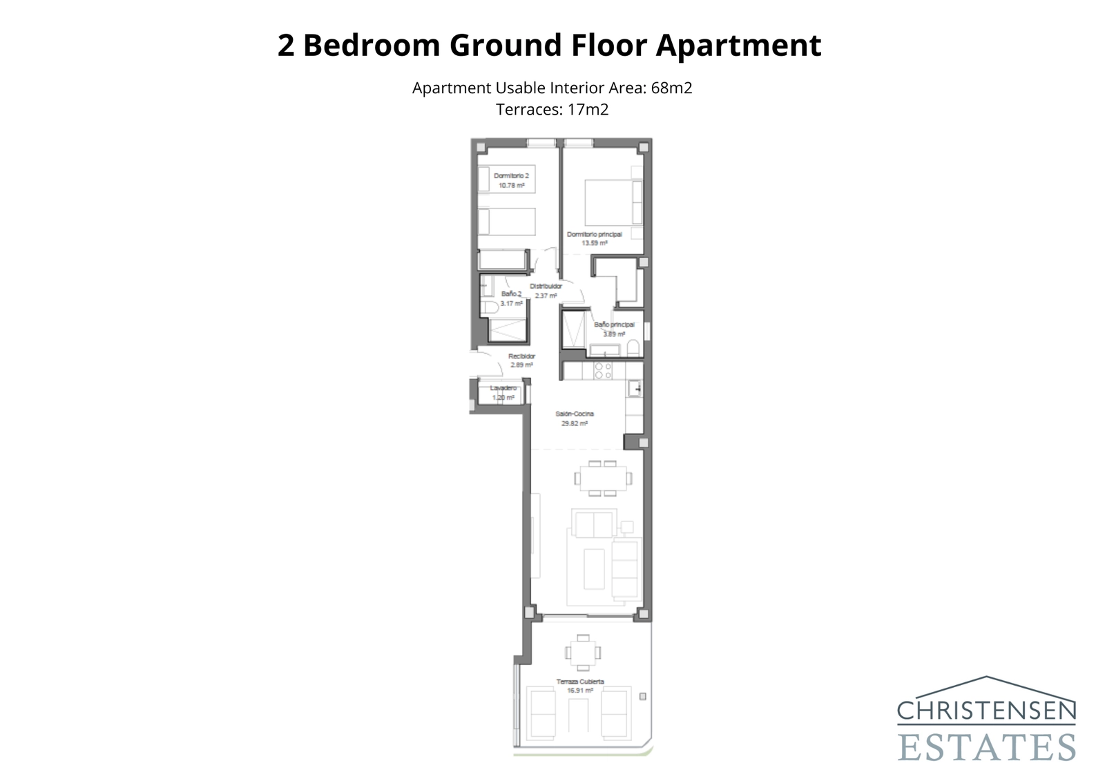Denne toværelses stuelejlighedsindretning har et problemfrit flow til en rummelig privat terrasse.