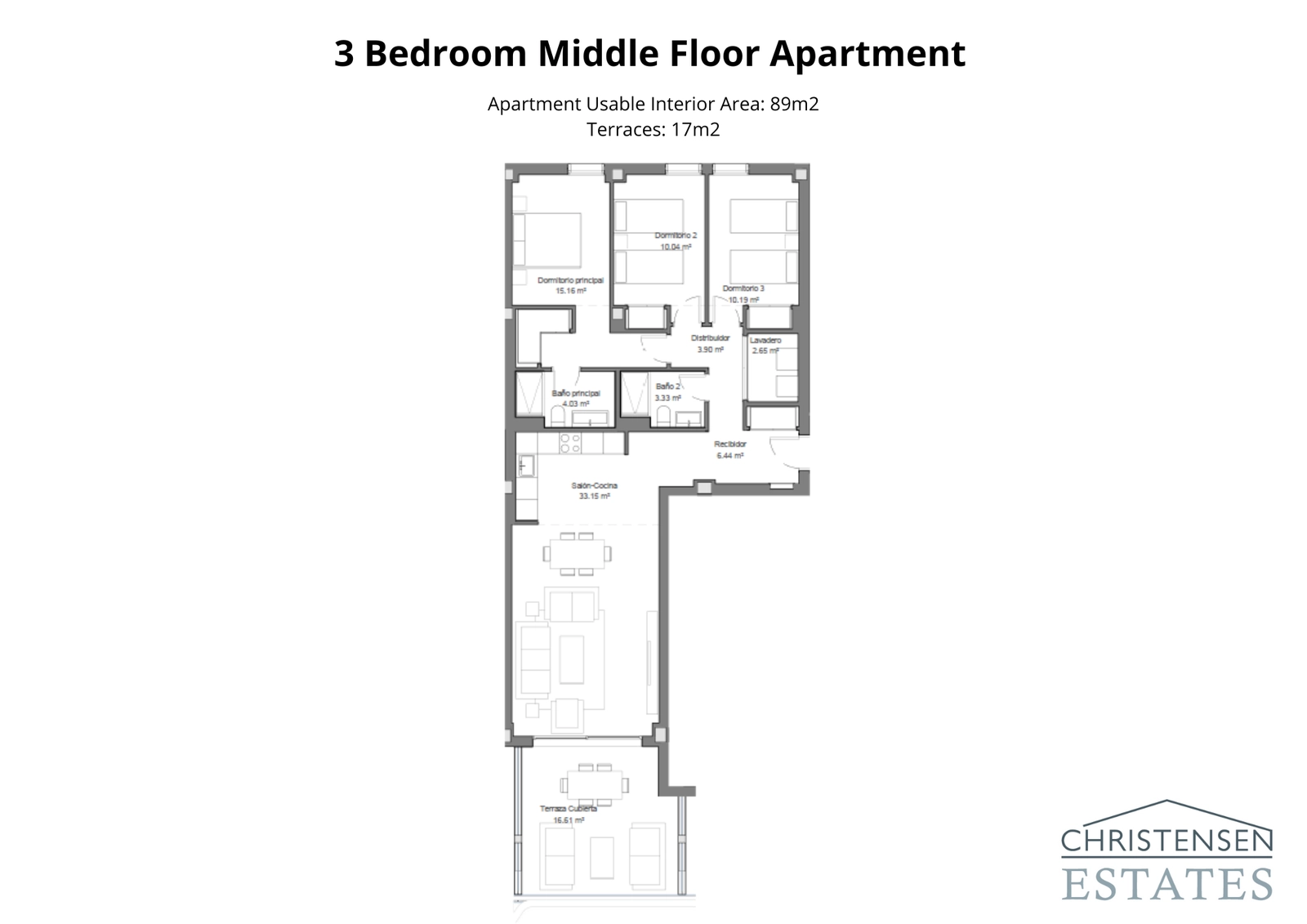 En veldesignet lejlighed med tre soveværelser, der tilbyder rigelig plads til familie og gæster, komplet med en smuk terrasse.