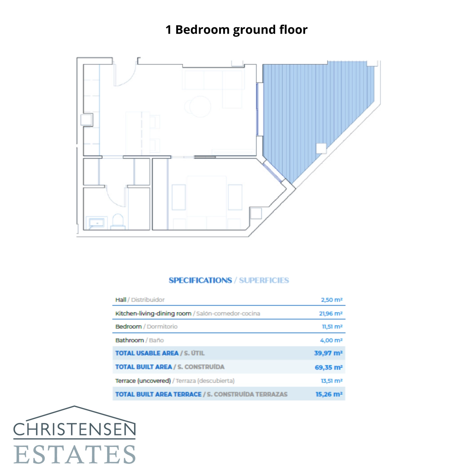 Denne et-værelses stueetageplan viser et velproportioneret opholdsområde, der strækker sig ud til en rummelig privat terrasse.