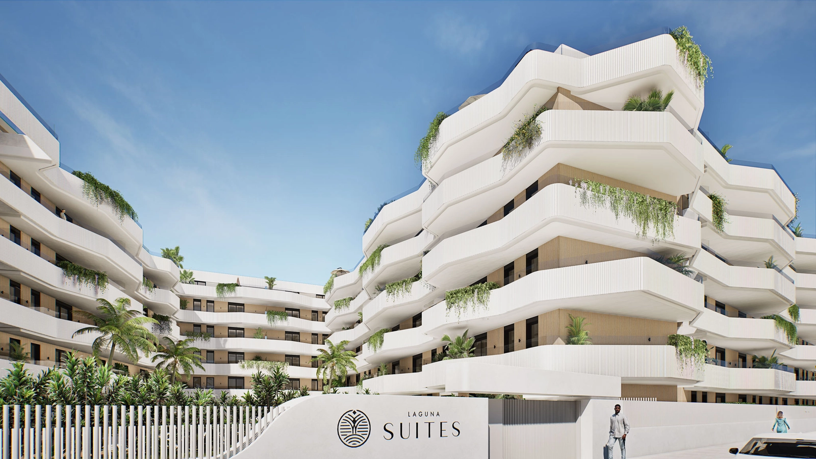 Laguna Suites' slående facade viser sit unikke, flydende arkitektoniske design.
