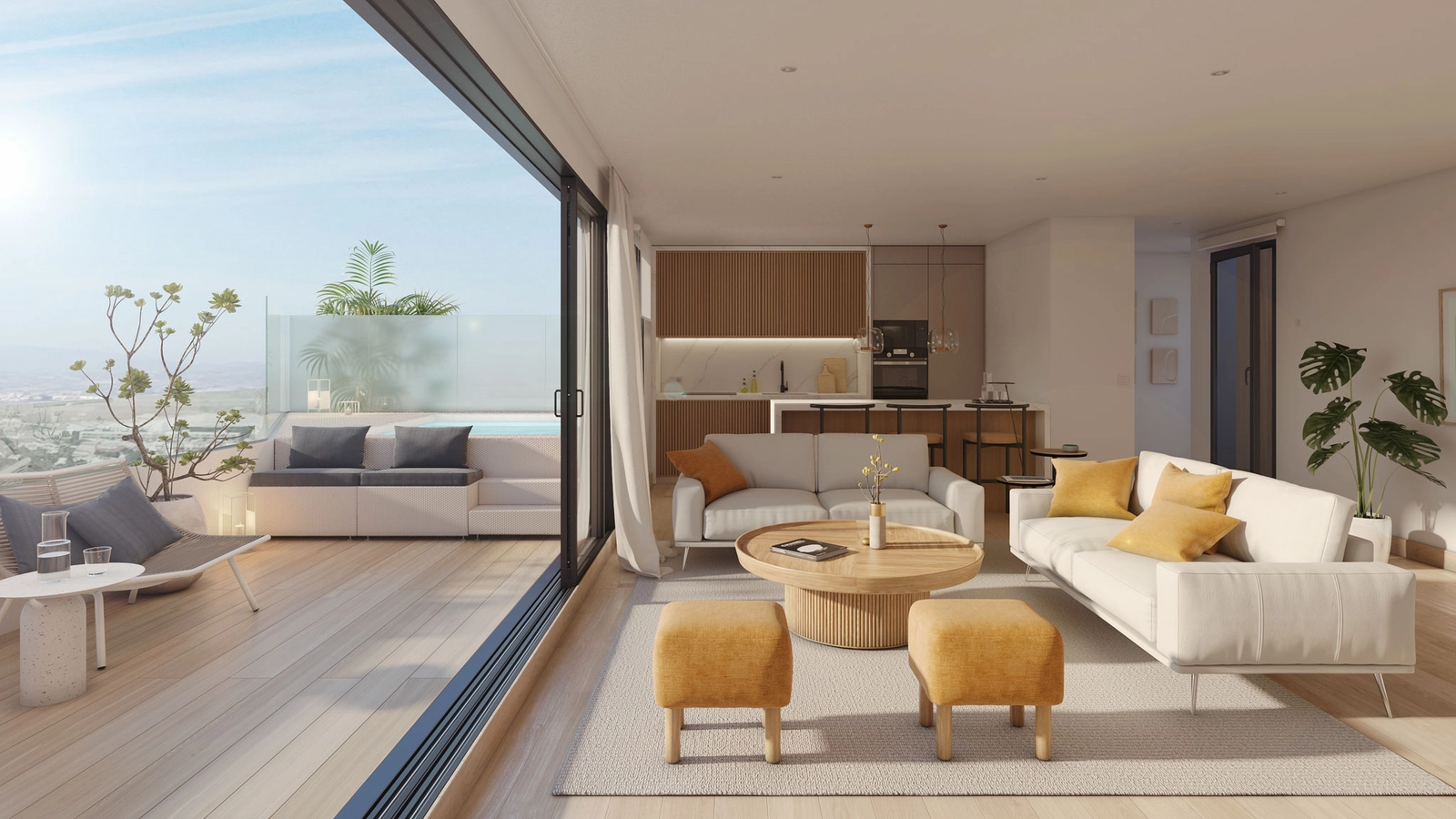 En lys og rummelig stue i en penthouselejlighed, der problemfrit fører ud til en solrig terrasse.