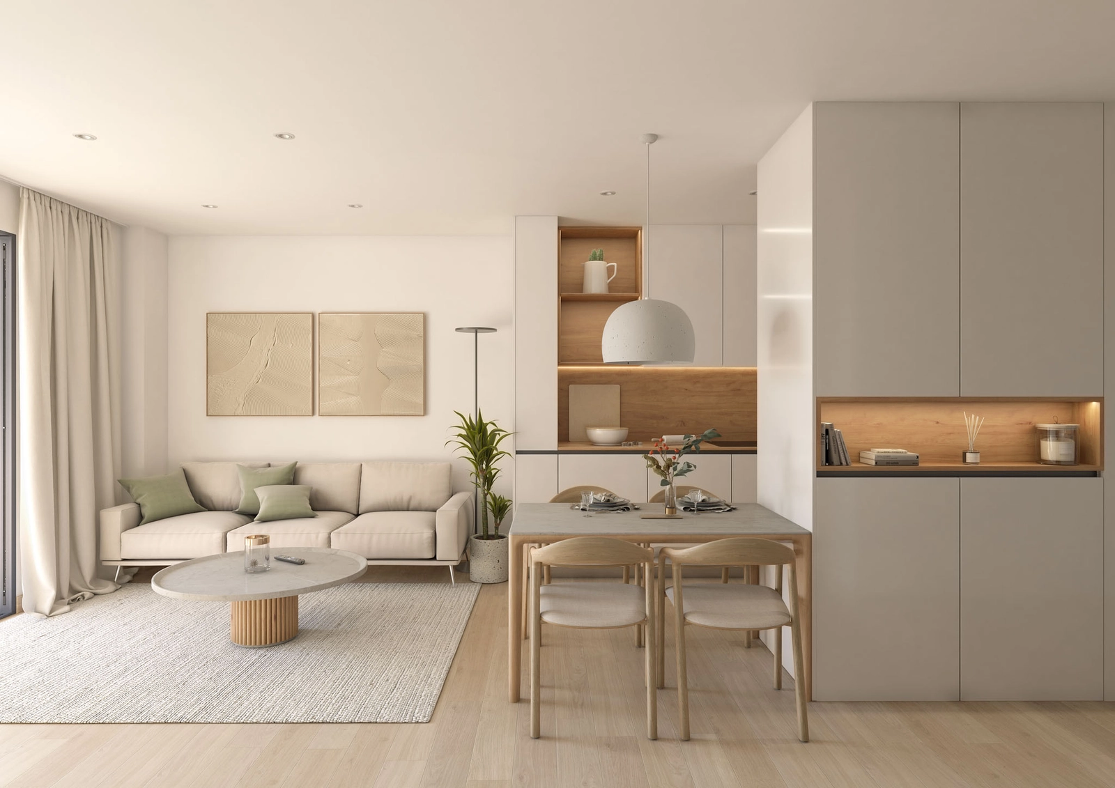 Det åbne stue- og spiseområde, indrettet med moderne møbler og naturligt lys.