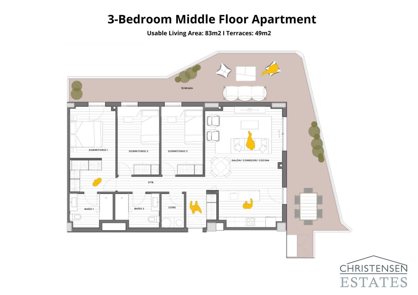 En rummelig plantegning med tre soveværelser, der viser den fremragende fordeling af plads og et stort terrasseområde til familiebrug.