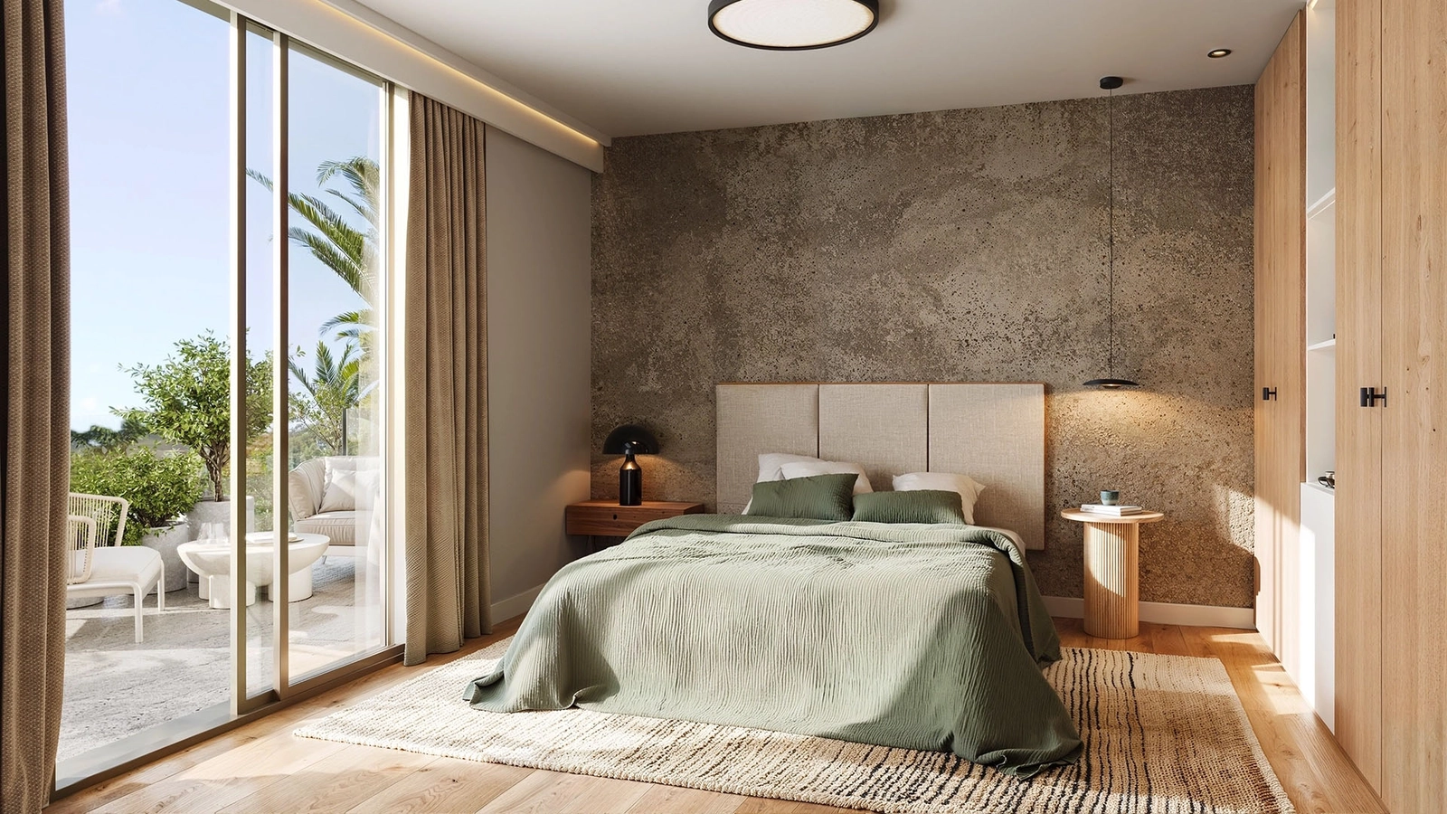 Soveværelserne tilbyder et fredfyldt tilflugtssted med direkte adgang til udendørs områder, hvor du kan nyde din morgenkaffe.