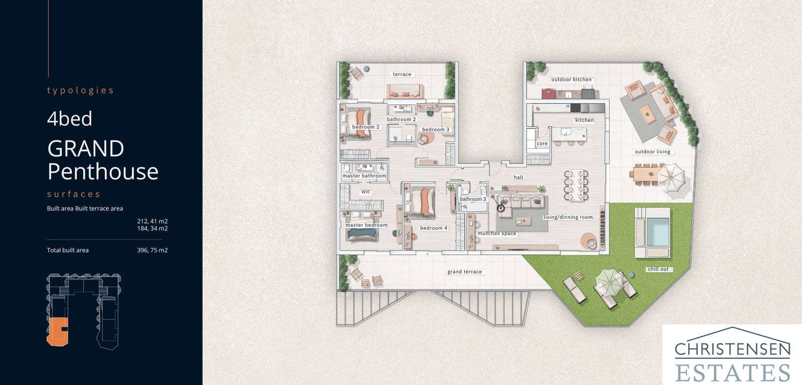 4-værelses 'Grand Penthouse' planløsning. Dette rummelige hjem tilbyder fire store soveværelser og flere terrasser for enestående komfort og underholdning.