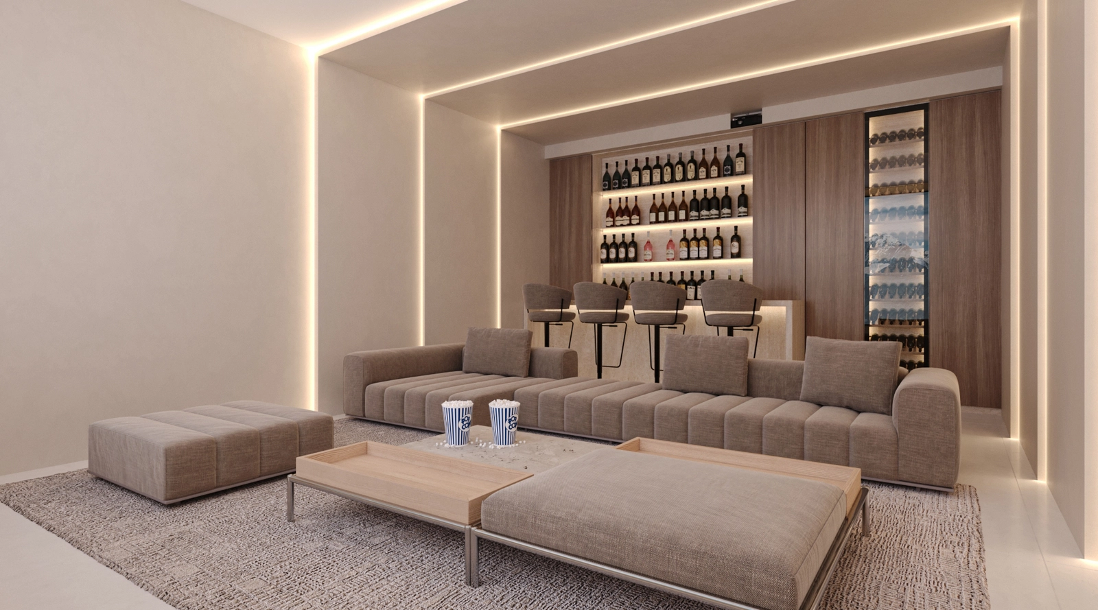 Den alsidige kælder indeholder en sofistikeret hjemmebiograf og et privat barområde.