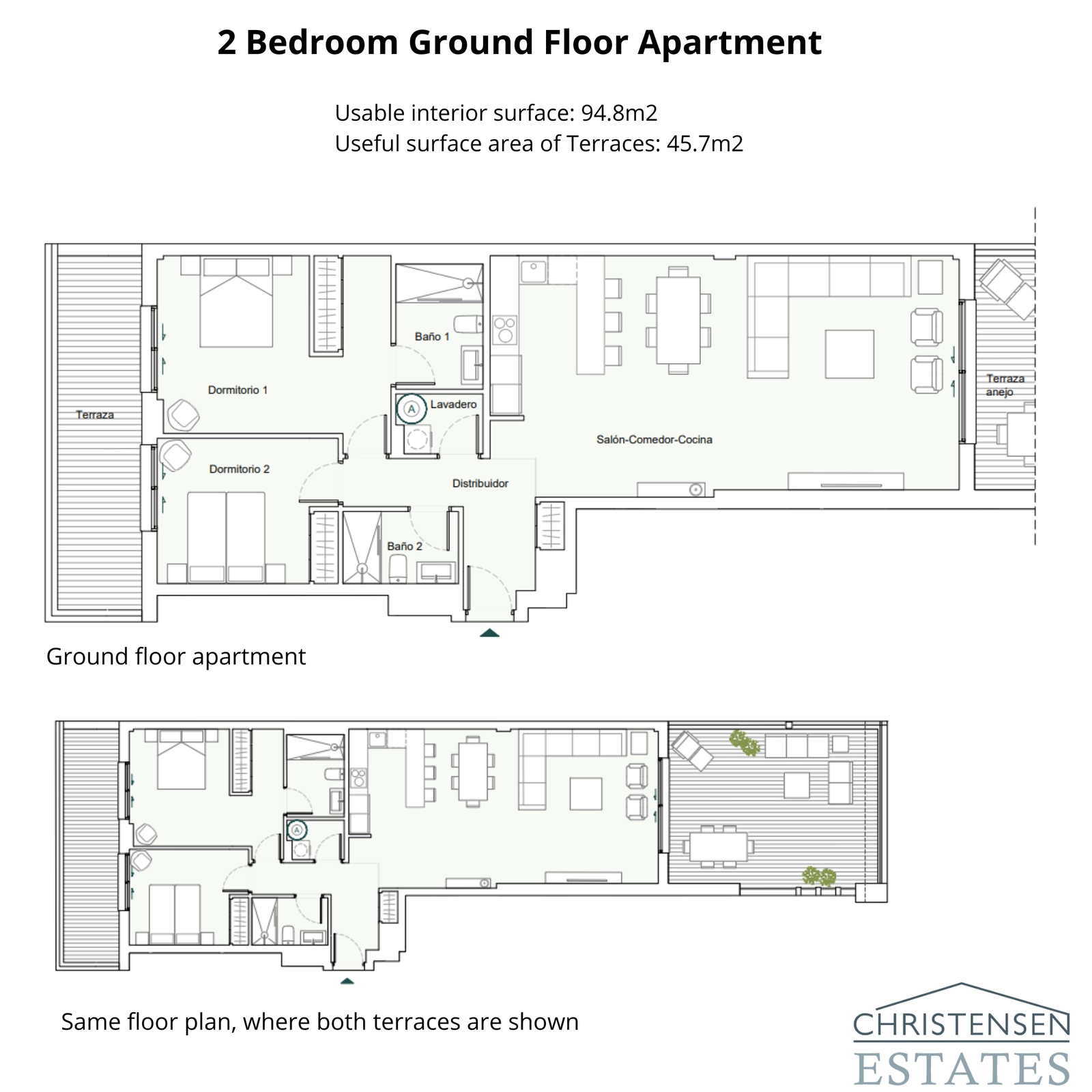 Denne stueetage-lejlighedsplan med to soveværelser viser et smart design med et åbent opholdsområde, der forbinder til to separate terrasser, hvilket forbedrer inde-udendørs livsstilen.