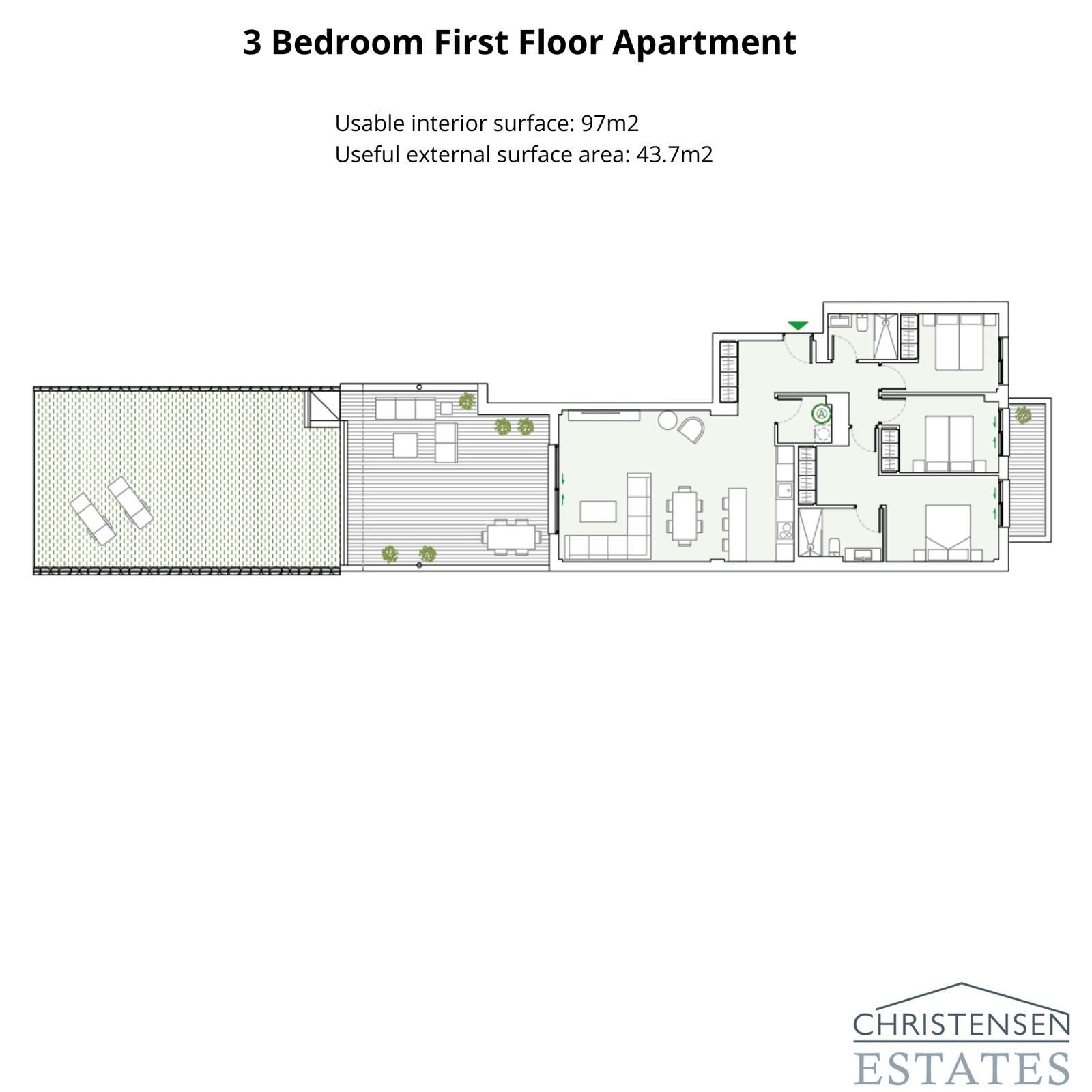 En rummelig treværelses plantegning med en stor terrasse og have, der tilbyder en problemfri blanding af inde- og udeliv.
