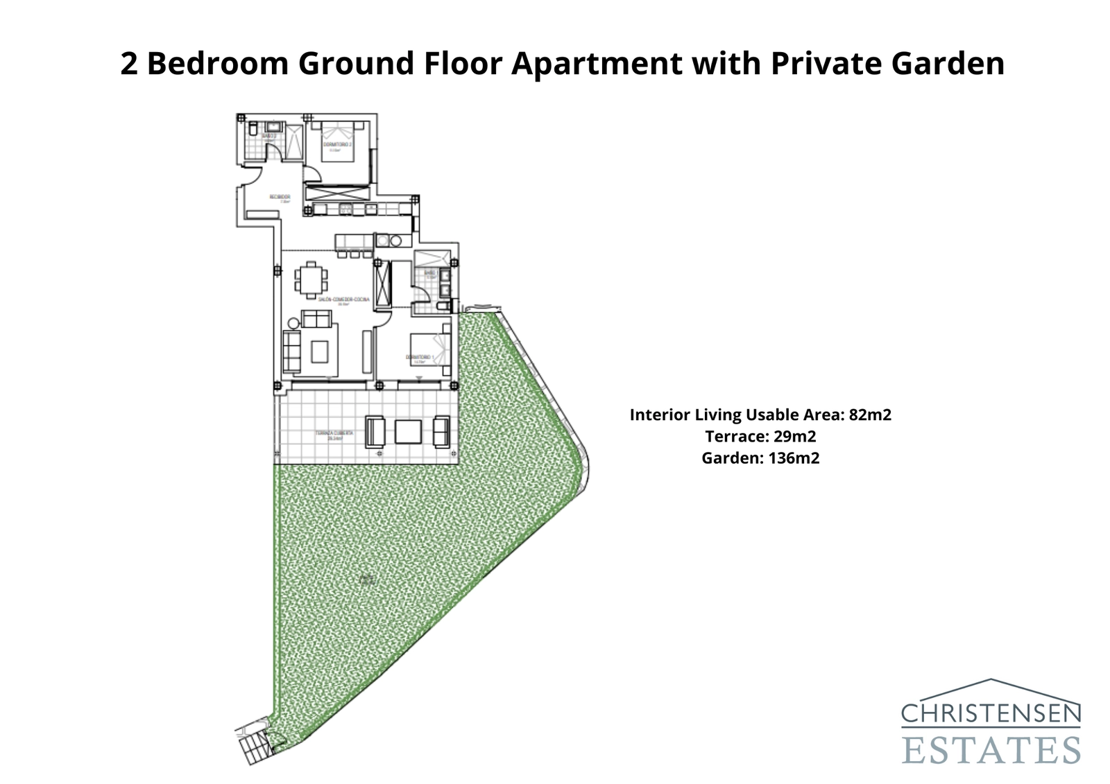 Denne plantegning for en stuelejlighed med to soveværelser viser en problemfri overgang fra det indvendige opholdsområde til en rummelig terrasse og en stor privat have, ideel til udendørsliv.