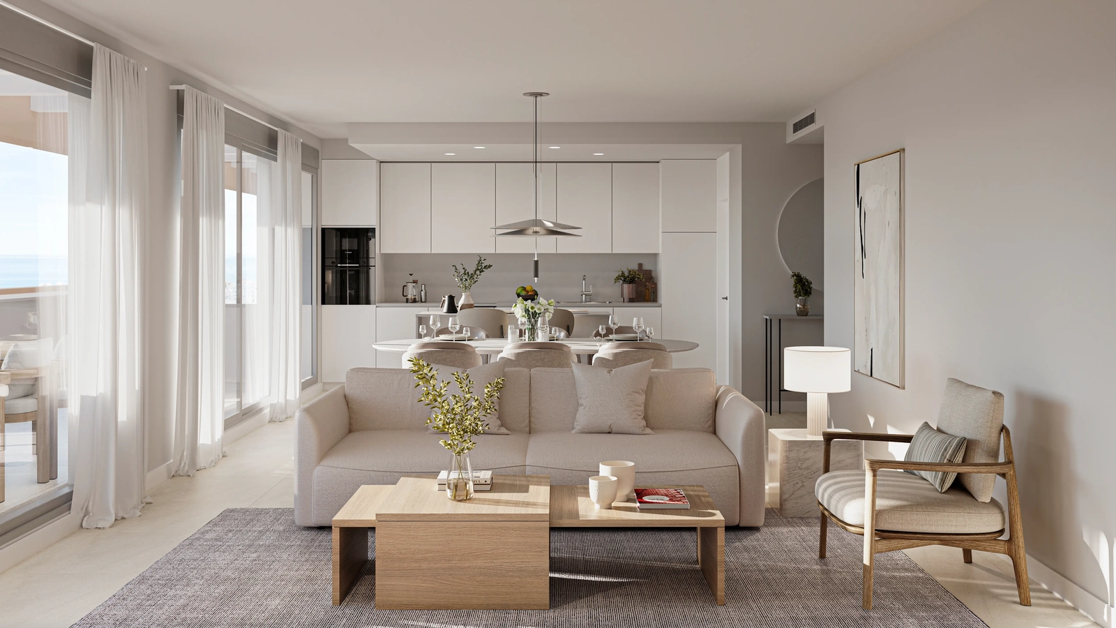 Lyst og rummeligt åbent opholdsområde, der problemfrit forbinder til det udendørs.