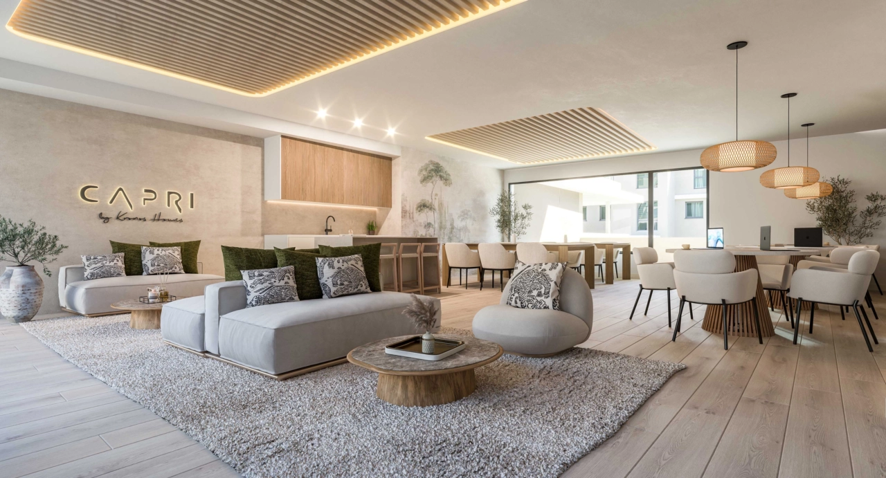 Et komfortabelt og stilfuldt co-working område for beboere til at arbejde eller slappe af.