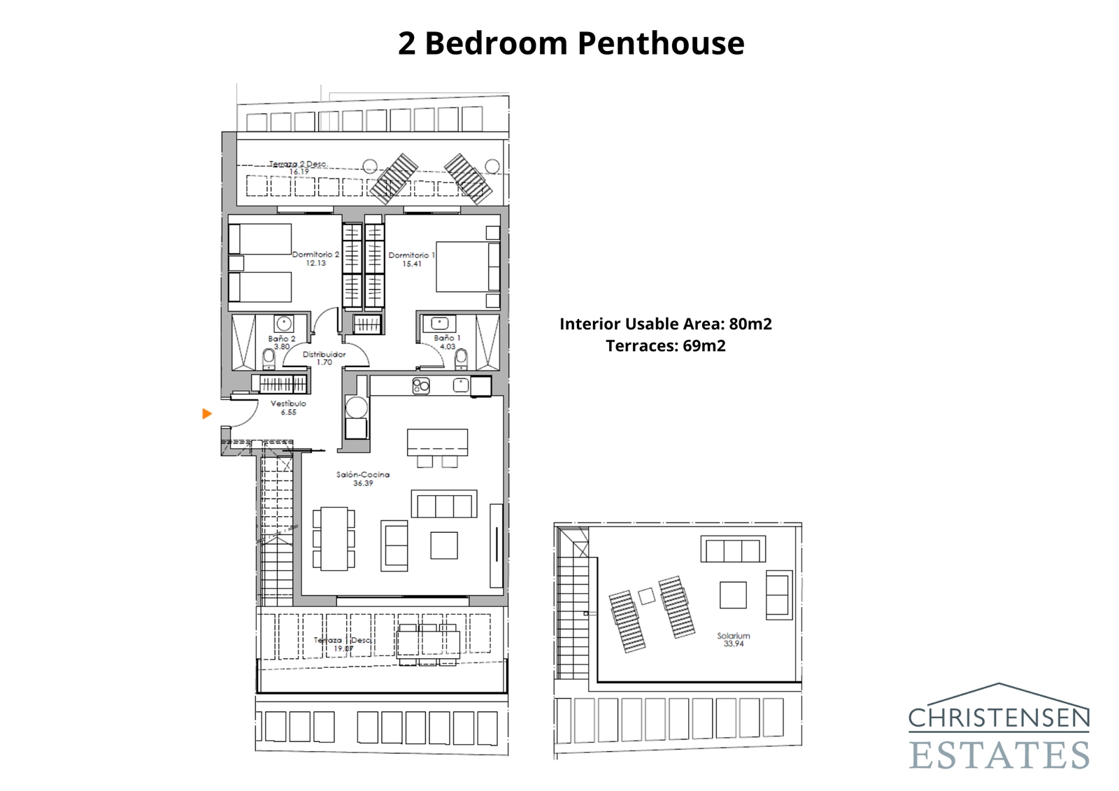 To-værelses penthouselejlighed – Det ultimative inden for luksusliv, denne planløsning inkluderer et spektakulært tagterrasse-solarium til privat solbadning og underholdning.