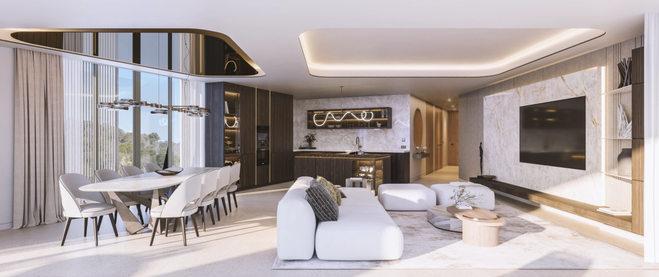 Sollys fylder de elegante spise- og opholdsområder og skaber en lys og indbydende atmosfære for familie og venner.